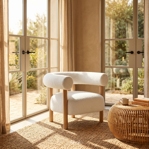 A sculptural Japandi-style accent chair upholstered in ivory bouclé fabric with a rounded backrest and solid wooden cylindrical legs.