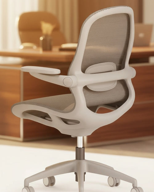 Discover the Miller Ergonomic Visitor Chair, featuring mesh back support, foldable 3D armrests, Class-4 gas lift, and smooth PU castors—perfect for study rooms and modern offices.