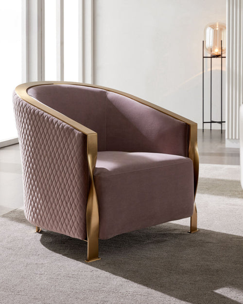 Discover the Mocha Luxury Accent Chair featuring a Golden PVD stainless-steel frame and quilted mocha upholstery. A modern luxury accent chair ideal for living rooms and premium interiors.