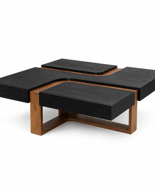 Josma Center Table featuring a bold layered geometric design with deep black tabletops, a raised central tray, and contrasting warm wooden frame accents.
