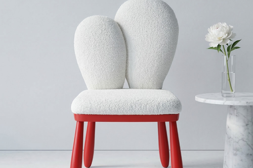 Chair with white cushioned backrest and red legs on a teak wood base