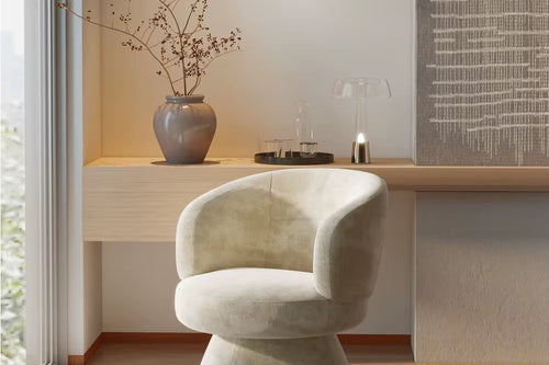 Shop the Mykono Round Chair by Chair Collective – a sculptural accent chair with soft curves, plush upholstery, and Mediterranean-inspired design. Discover luxury accent chairs online in India for serene, modern living.