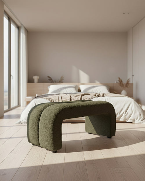 Naro Ottoman Bouclé — a 4ft luxury bouclé bench perfect for bedrooms, living rooms, and modern minimalist interiors. Compact, versatile, and customisable for premium home styling. Luxury Ottoman Online by Chair Collective