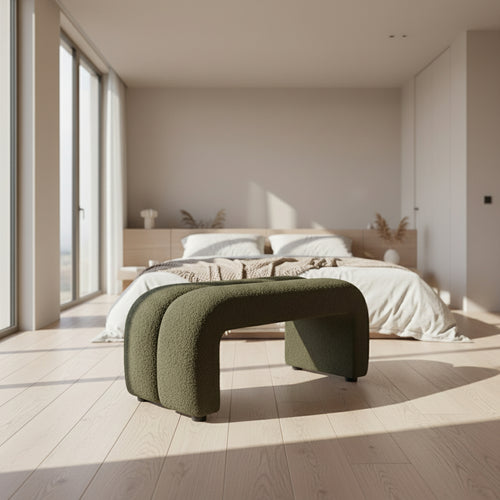 Naro Ottoman Bouclé — a 4ft luxury bouclé bench perfect for bedrooms, living rooms, and modern minimalist interiors. Compact, versatile, and customisable for premium home styling. Luxury Ottoman Online by Chair Collective