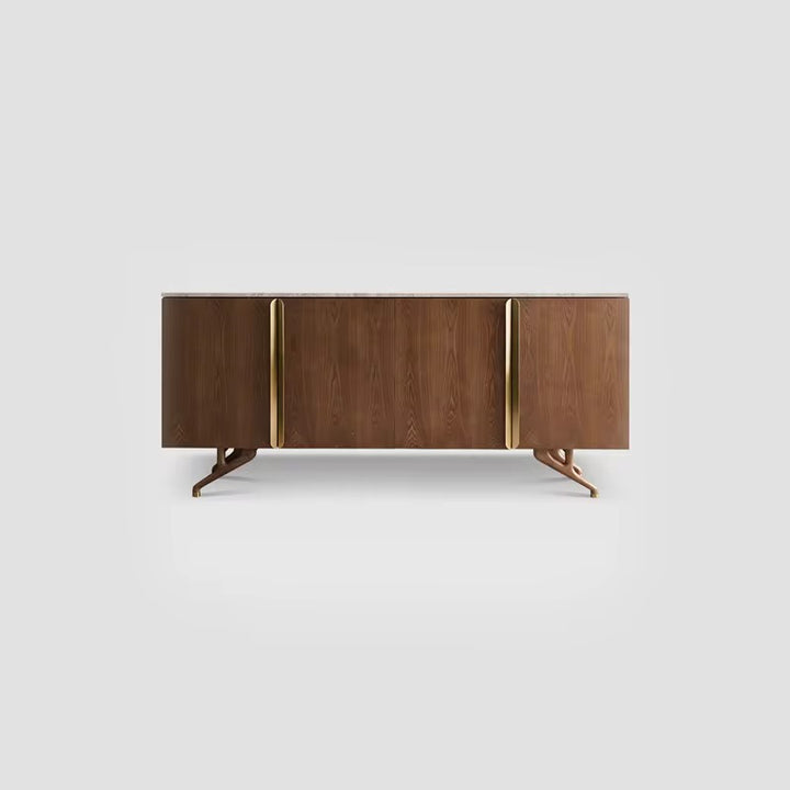 Naru Storage Console - Luxury marble console with teak wood legs and golden accents