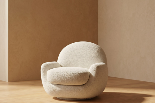 Beige accent chair in a minimalistic room with warm lighting