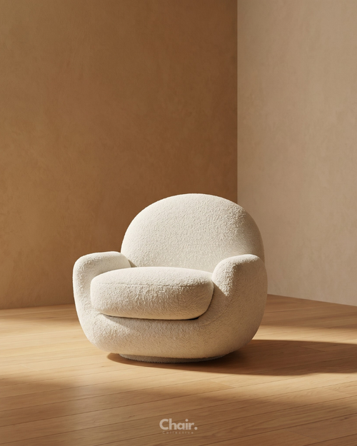 Beige accent chair in a minimalistic room with warm lighting