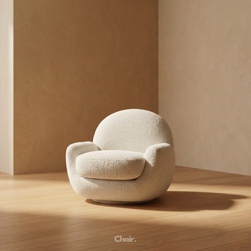 Beige accent chair in a minimalistic room with warm lighting