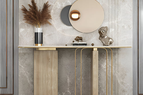 Oak Estuary Console with gold detailing and marble top