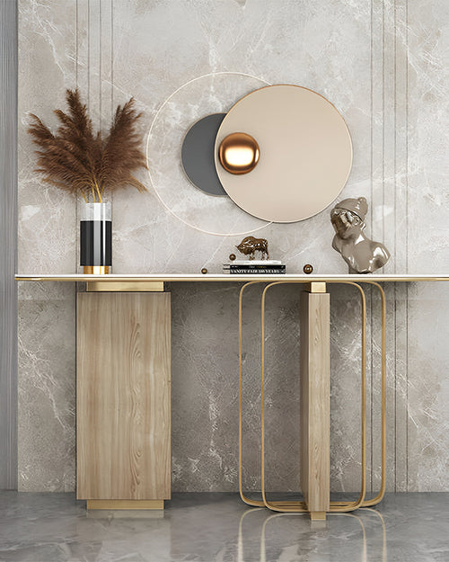 Oak Estuary Console with gold detailing and marble top