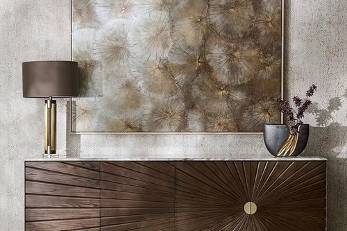 Shop the Oleo Luxury Console by Chair Collective— a luxury veneer and marble console with golden accents and ample storage. A perfect addition to refined interiors, available online in India.