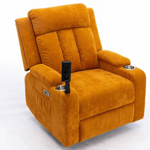 Orange Modern lounge recliner with mobile holder and velvet finish