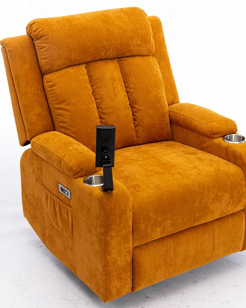 Orange Modern lounge recliner with mobile holder and velvet finish