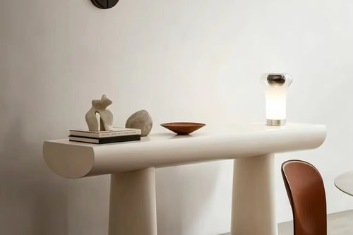 Modern Pine Foyer Console inspired by the organic form of a wooden log, featuring rounded cylindrical supports, a curved tabletop, and a smooth PU finish.