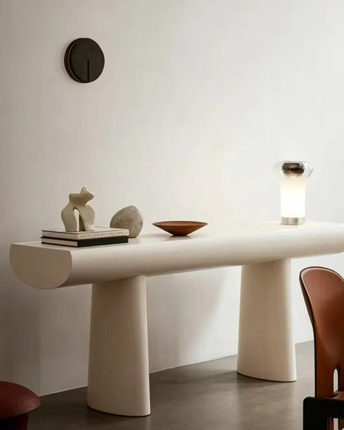Modern Pine Foyer Console inspired by the organic form of a wooden log, featuring rounded cylindrical supports, a curved tabletop, and a smooth PU finish.