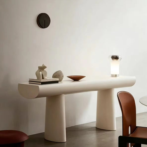 Modern Pine Foyer Console inspired by the organic form of a wooden log, featuring rounded cylindrical supports, a curved tabletop, and a smooth PU finish.