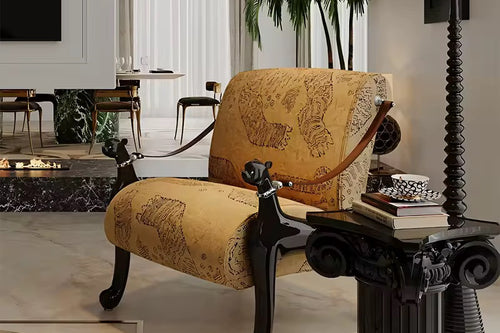 Shop the Ranthambore Chair by Chair Collective – a handcrafted luxury accent chair with animal-face legs, plush upholstery, and sculptural detailing. Explore bespoke furniture online in India.