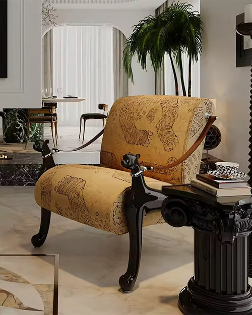 Shop the Ranthambore Chair by Chair Collective – a handcrafted luxury accent chair with animal-face legs, plush upholstery, and sculptural detailing. Explore bespoke furniture online in India.