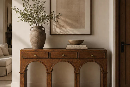 Roma Foyer Console featuring a rich wood veneer finish, three integrated storage drawers, and a distinctive architectural three-arched base.