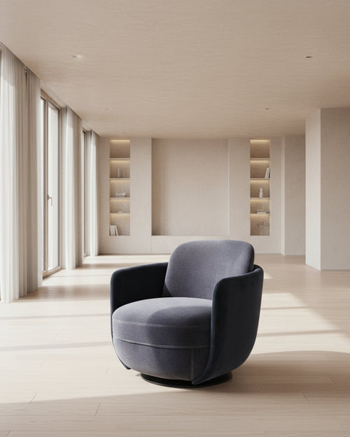 Experience the Simbat Chair, a luxury accent chair with sleek curves, premium upholstery, and swivel functionality. The perfect designer chair for modern living rooms and sophisticated interiors.