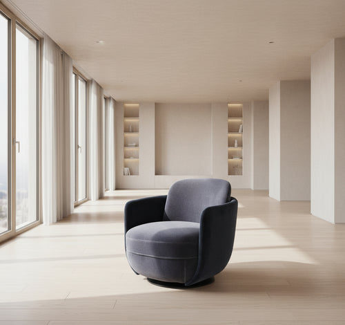 Experience the Simbat Chair, a luxury accent chair with sleek curves, premium upholstery, and swivel functionality. The perfect designer chair for modern living rooms and sophisticated interiors.