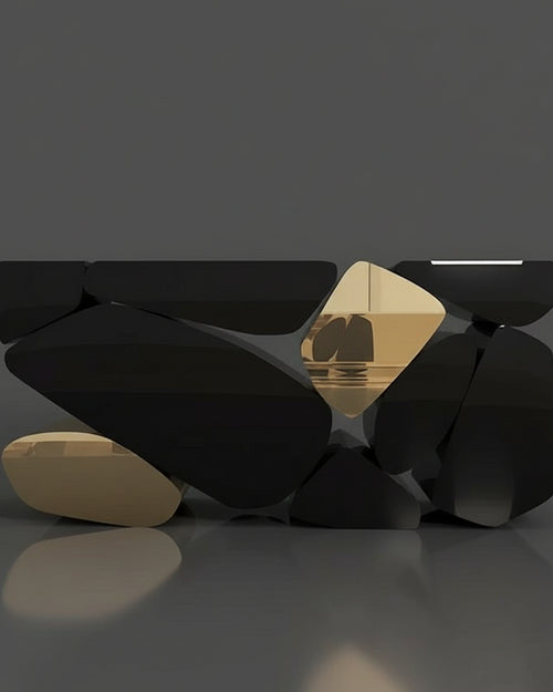 Discover the Takai Luxury Console—an architectural black and gold sculptural console table inspired by modern stone formations. Perfect for luxury entryways and high-end modern homes in India. Luxury Foyer console 