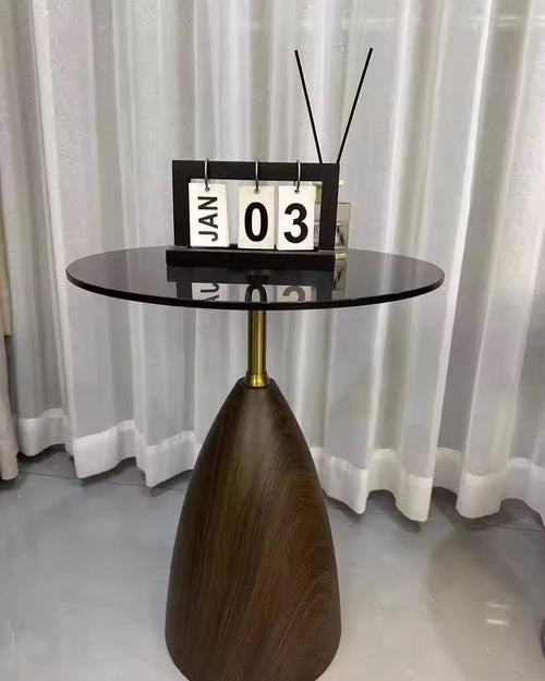 Top view of designer round wooden table 