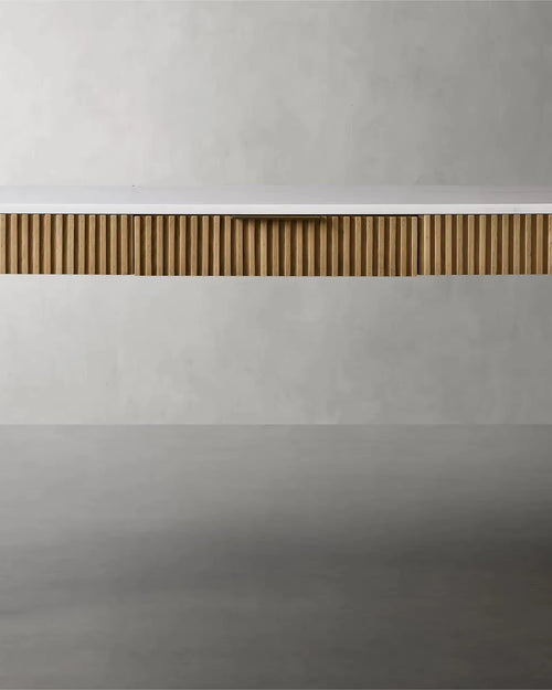 Marble‑top console with fluted wood
