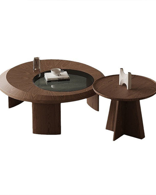 Wooden coffee table with glass top and matching side table by chair collective 