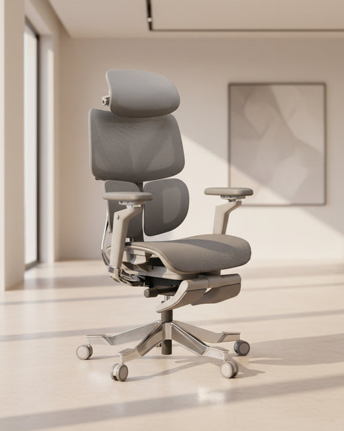 The Veyron Luxury Ergonomic Chair combines premium aluminium engineering, full adjustability, 5D armrests, dynamic lumbar support, and an integrated footrest for unmatched comfort. Available in Grey and Black. Perfect for offices, work-from-home, and gaming setups. Luxury Office Chair Online By Chair Collective