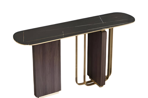 Modern console table with dark marble top and wooden legs 