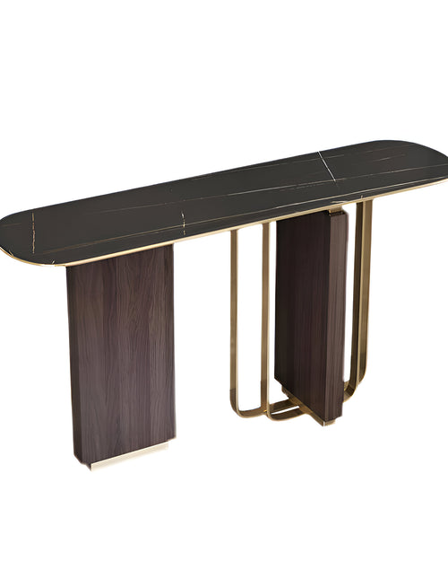 Modern console table with dark marble top and wooden legs 