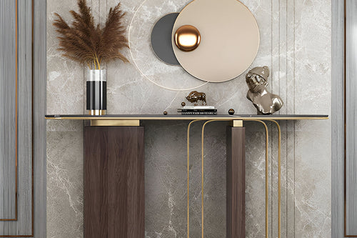 Walnut Estuary Console with gold detailing and marble top