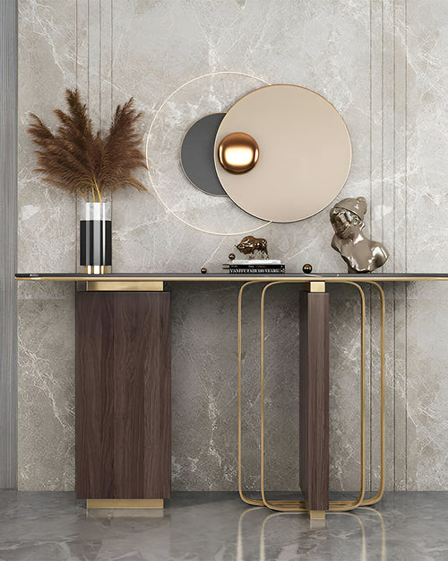 Walnut Estuary Console with gold detailing and marble top