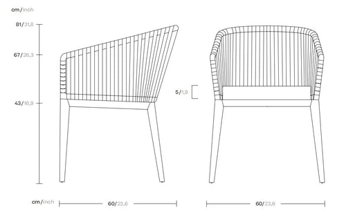 Technical sketch of Yulo wicker chair dimensions