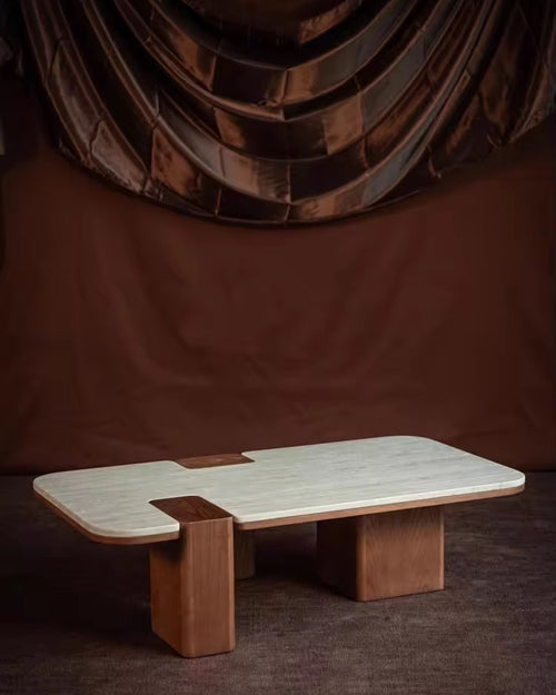 Japandi coffee table with travertine marble top and wooden base in walnut finish