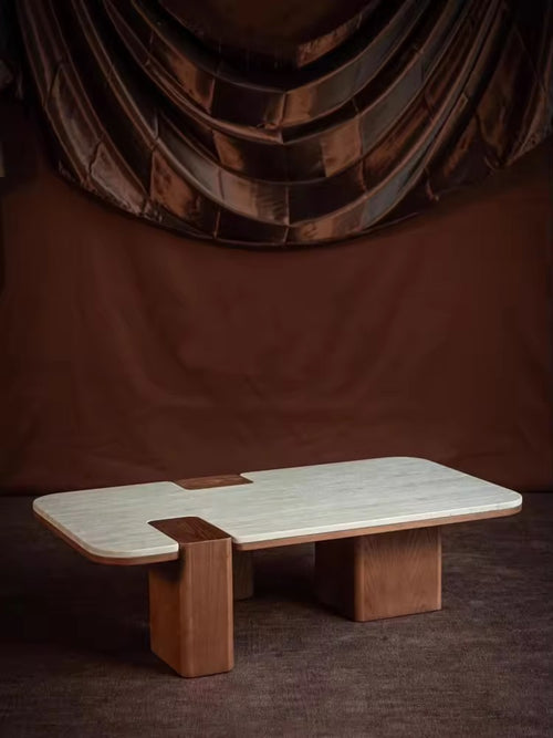 Japandi coffee table with travertine marble top and wooden base in walnut finish