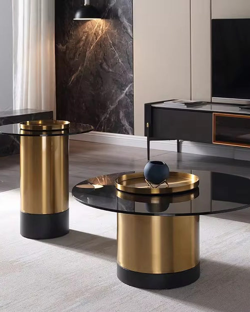 Side view of round coffee table set