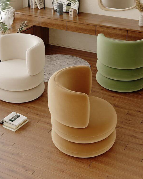 Tri-colour Maltoni velvet chairs with curved design