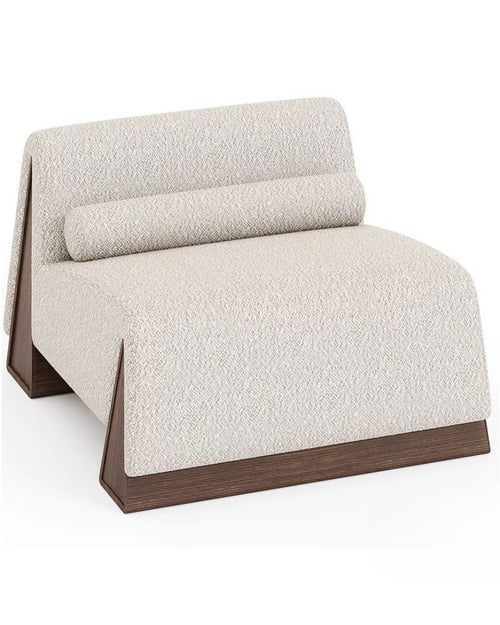 Front angled view of Ophelia lounge chair with wood legs