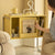 Front angled view of yellow Norbu console with storage compartments